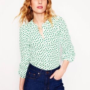 Boden Marina Jersey Shirt-Ivory, Green Abstract Dot